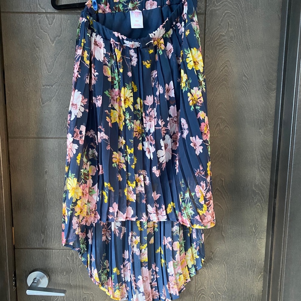 Pleated Blue Floral High Low Skirt